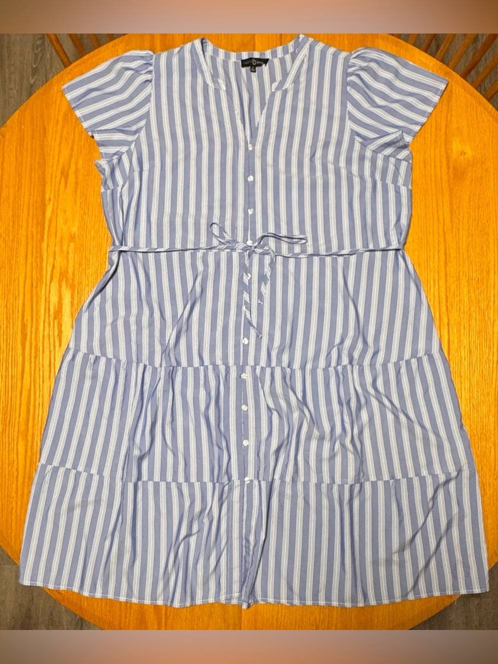Fred David Light Blue and White Striped Button-Front Tiered Midi Dress
